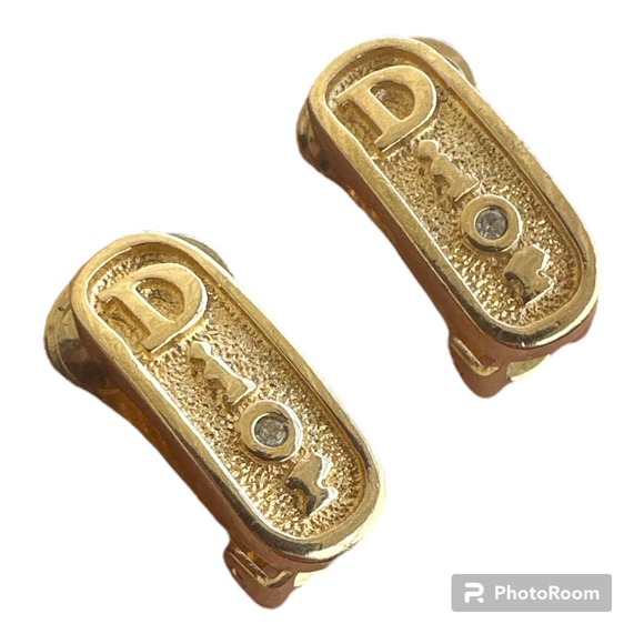 Vintage Christian Dior earring clip on Logo goldtone crystal - Picture 1 of 6
